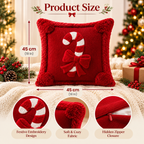 Red Christmas candy cane pillow cover with white candy cane design, decorative bows, and product detail images
