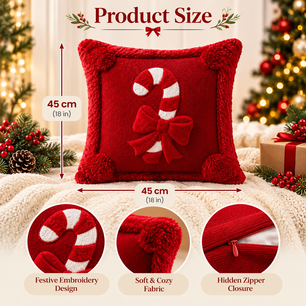 Red Christmas candy cane pillow cover with white candy cane design, decorative bows, and product detail images