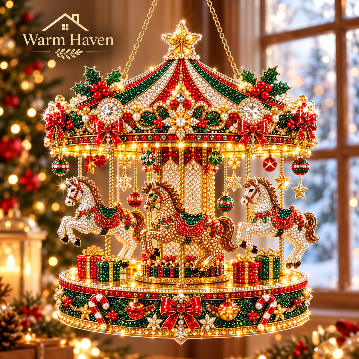 DIY Christmas hanging ornaments with a traditional Christmas tree and festive decorations