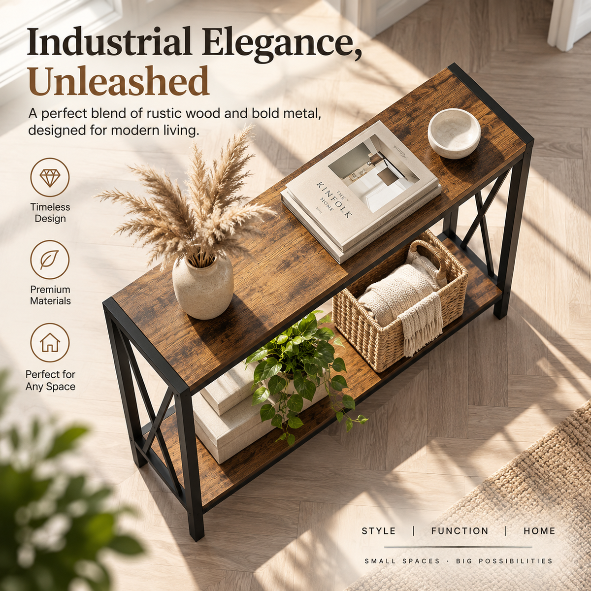 2-Tier Narrow Console Table – Rustic Wood & Black Metal