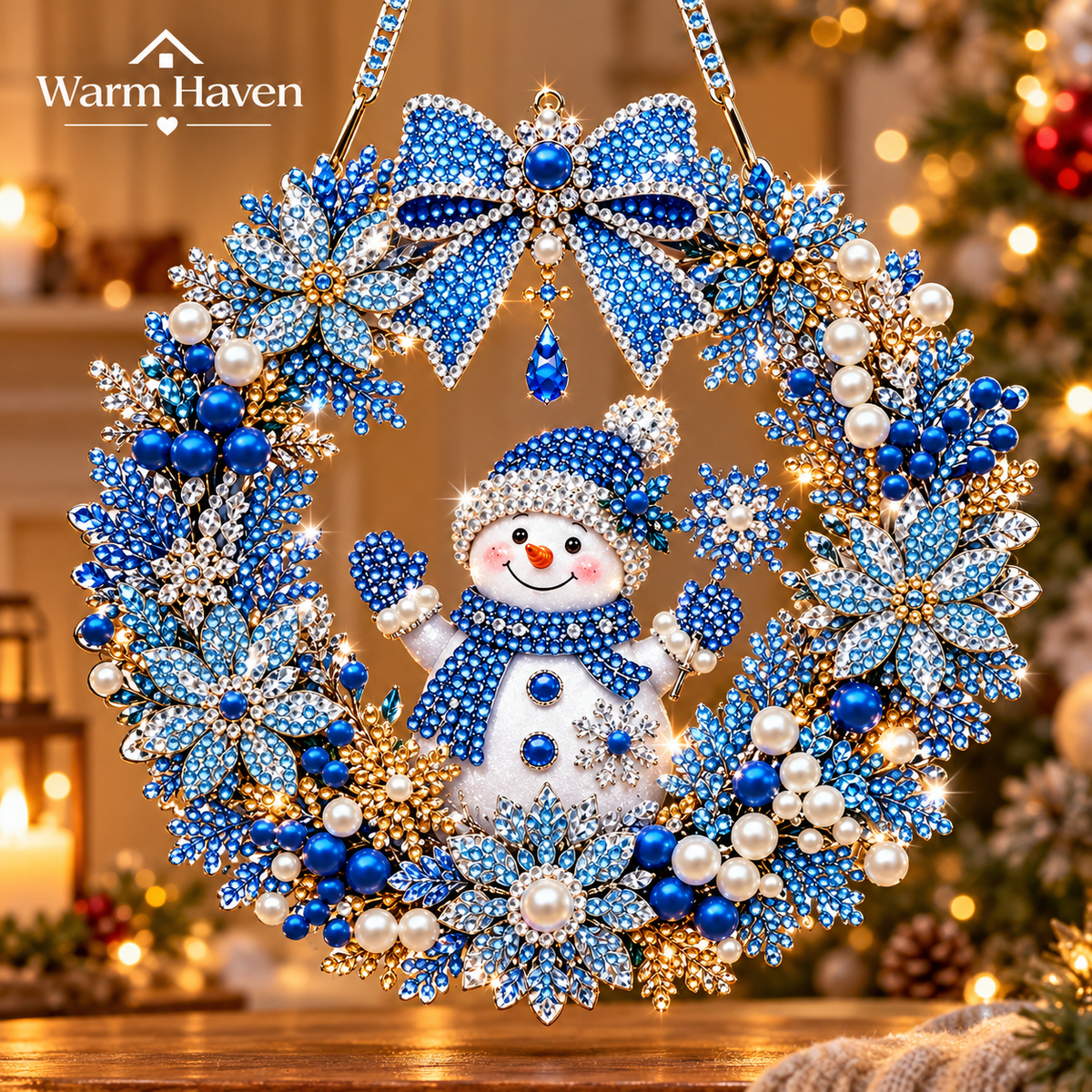 Diamond Painting Christmas Wreath with a blue winter village design
