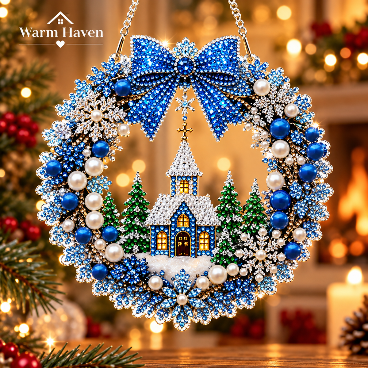 Diamond Painting Christmas Wreath featuring a blue winter village