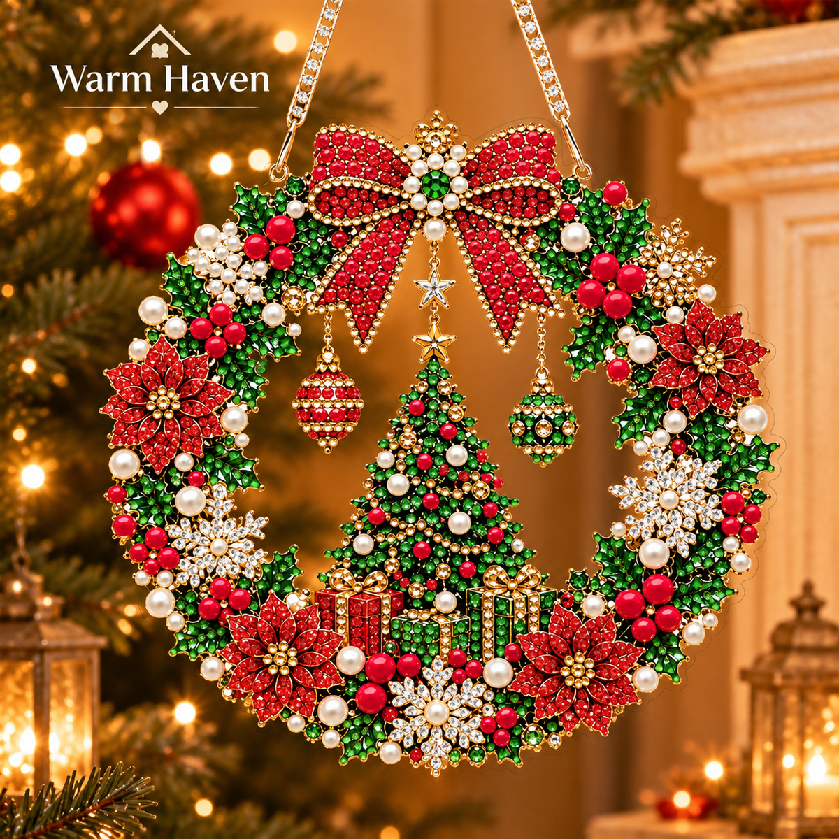 Diamond Painting Christmas Wreath kit showing the ornament and included tools