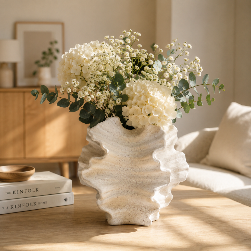 Sculptural Wavy Ceramic Vase – Modern Scandinavian Flower & Home Decor