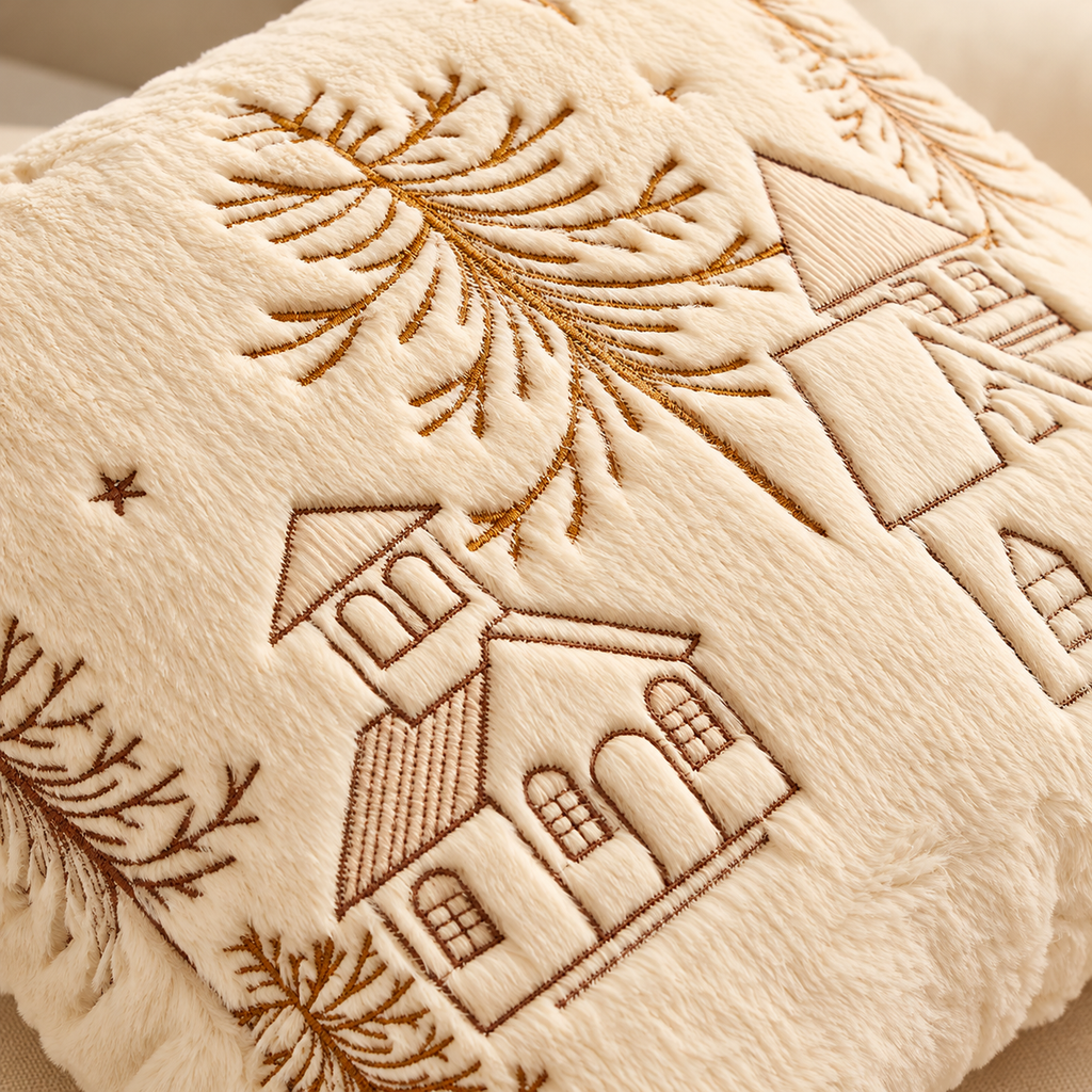 Christmas Faux Rabbit Fur Pillow Cover designs styled on a beige sofa with a red festive throw