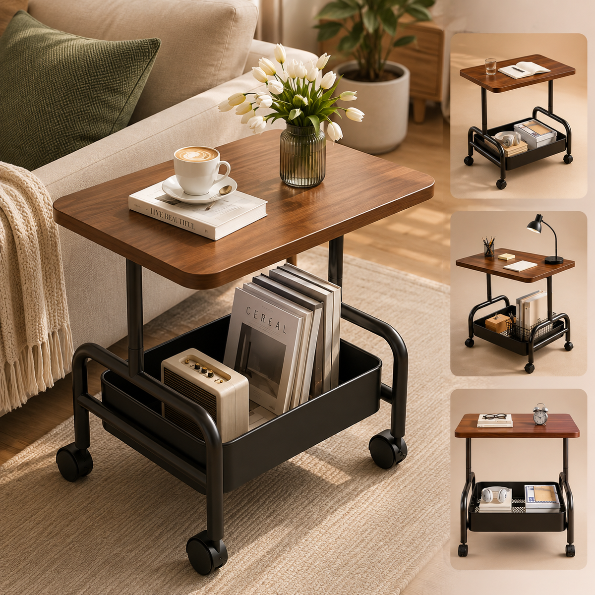 2-Tier Rolling Side Table with Storage – Modern Scandinavian Home Furniture