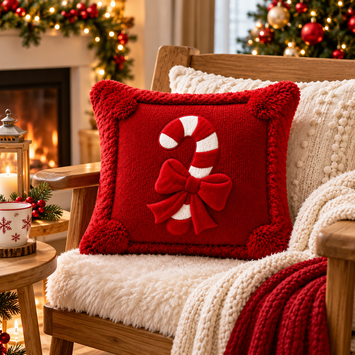 Red Christmas candy cane pillow covers styled on a sofa with warm festive decorations