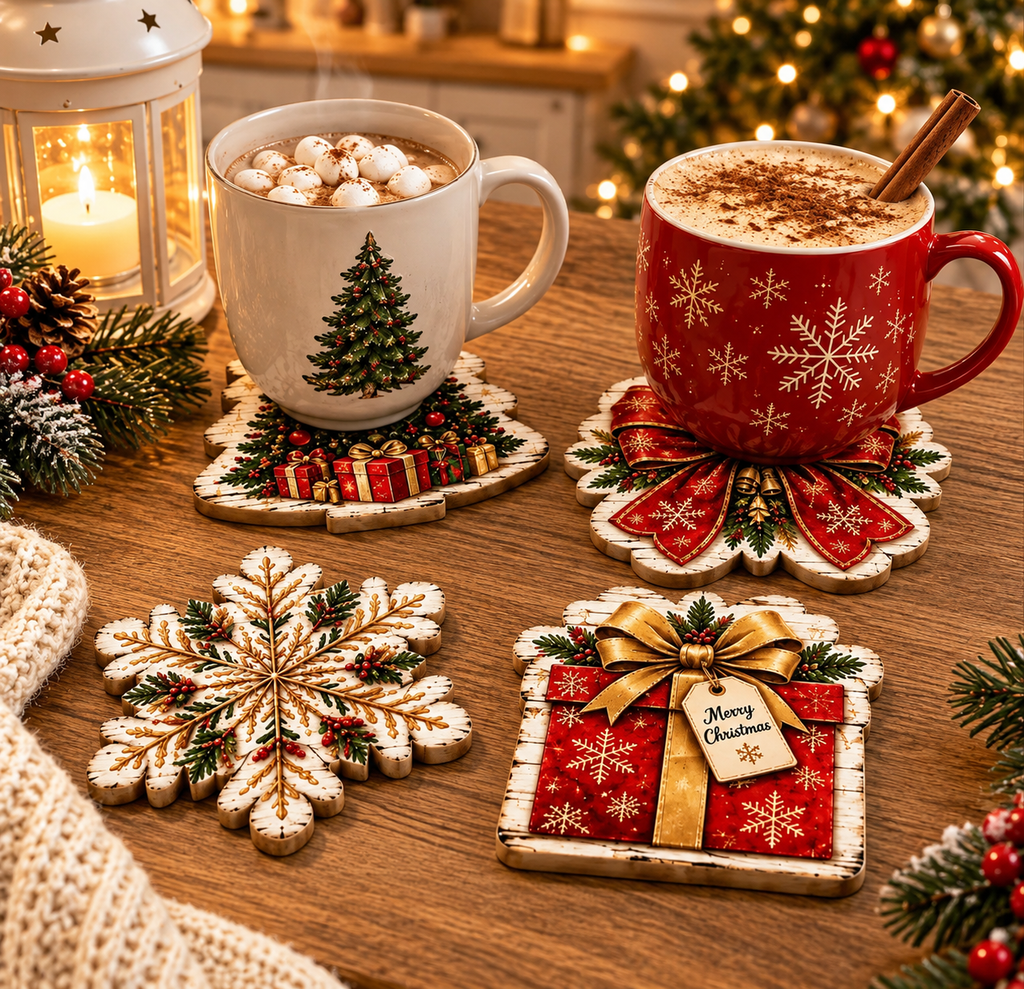 Wooden Christmas coasters with festive tree, bow, snowflake, and gift designs displayed on a rustic wooden table.
