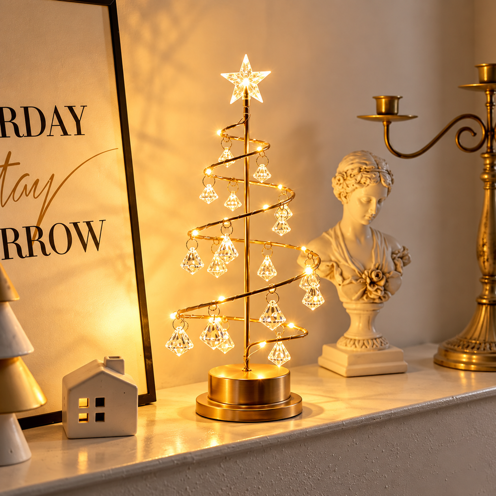Gold crystal Christmas tree lamp with a glowing star topper displayed with elegant seasonal home decorations