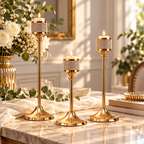 3-piece gold candle holder set with product details showing candle cup, gold finish and velvet base