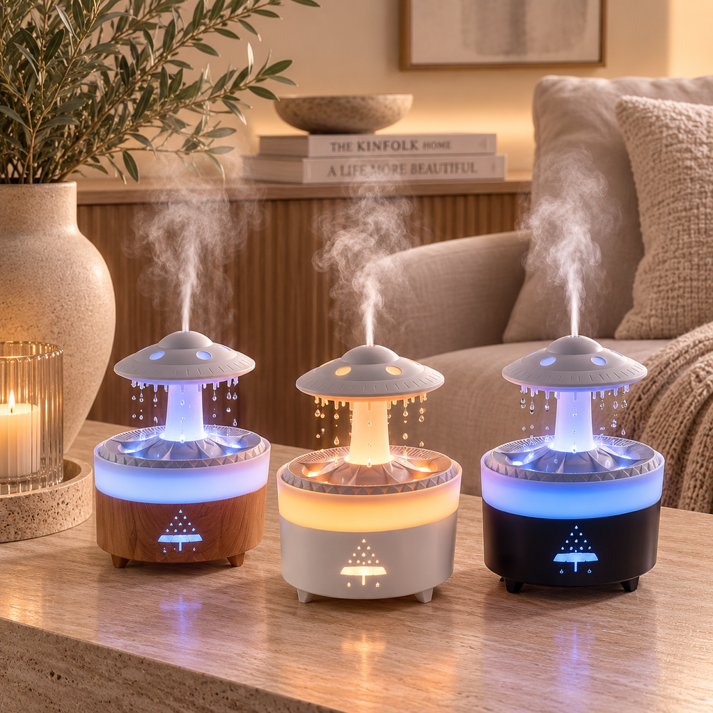 UFO Raindrop Humidifier – LED Aroma Diffuser with Realistic Rain Effect