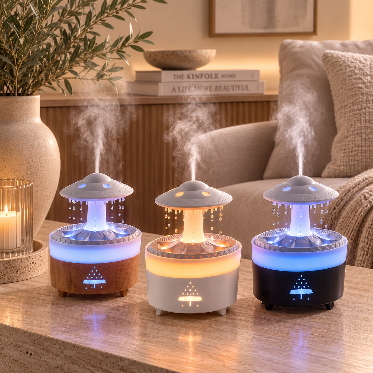 UFO Raindrop Humidifier – LED Aroma Diffuser with Realistic Rain Effect