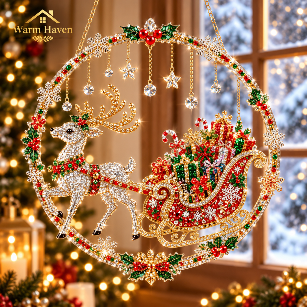 DIY Christmas hanging ornaments featuring a detailed Christmas village scene