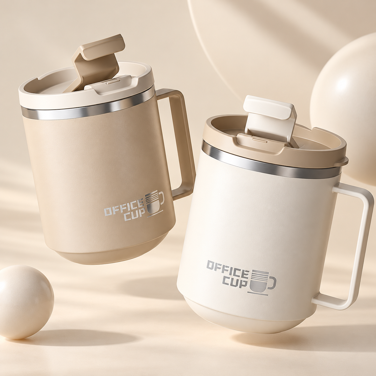 Stainless steel thermal coffee mug with handle in a neutral beige finish