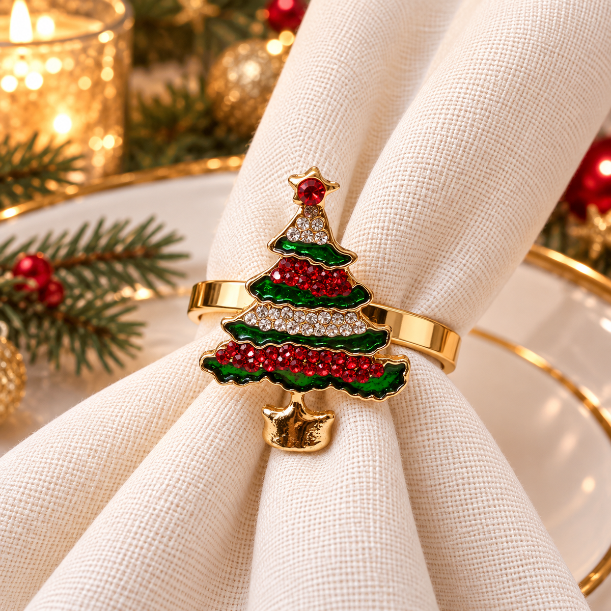Christmas napkin rings with a decorative red and gold holiday ornament on a white napkin.