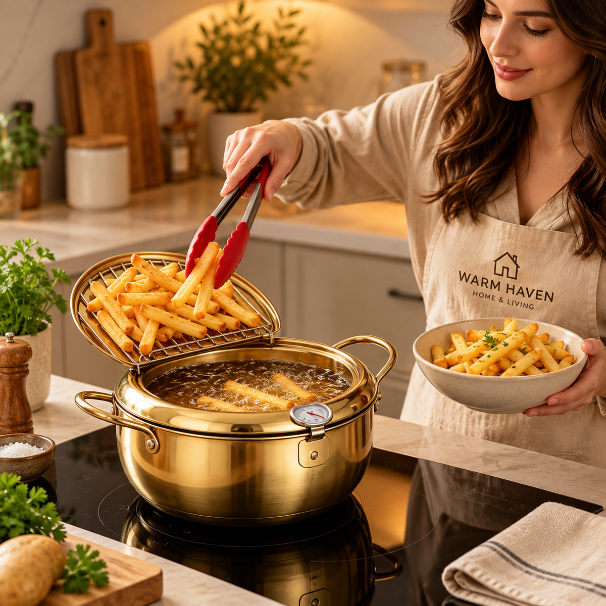 Deep frying pot with thermometer and draining rack in gold stainless steel