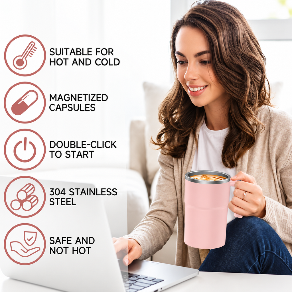self-stirring coffee mug in pink held by a woman with key product features displayed
