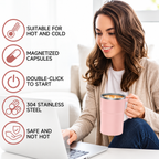 self-stirring coffee mug in pink held by a woman with key product features displayed