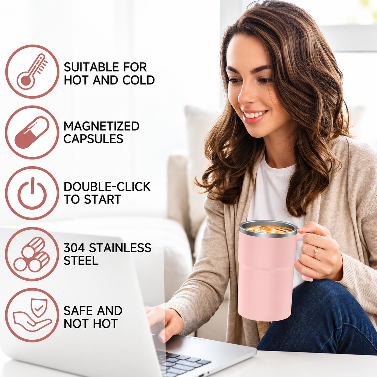 self-stirring coffee mug in pink held by a woman with key product features displayed