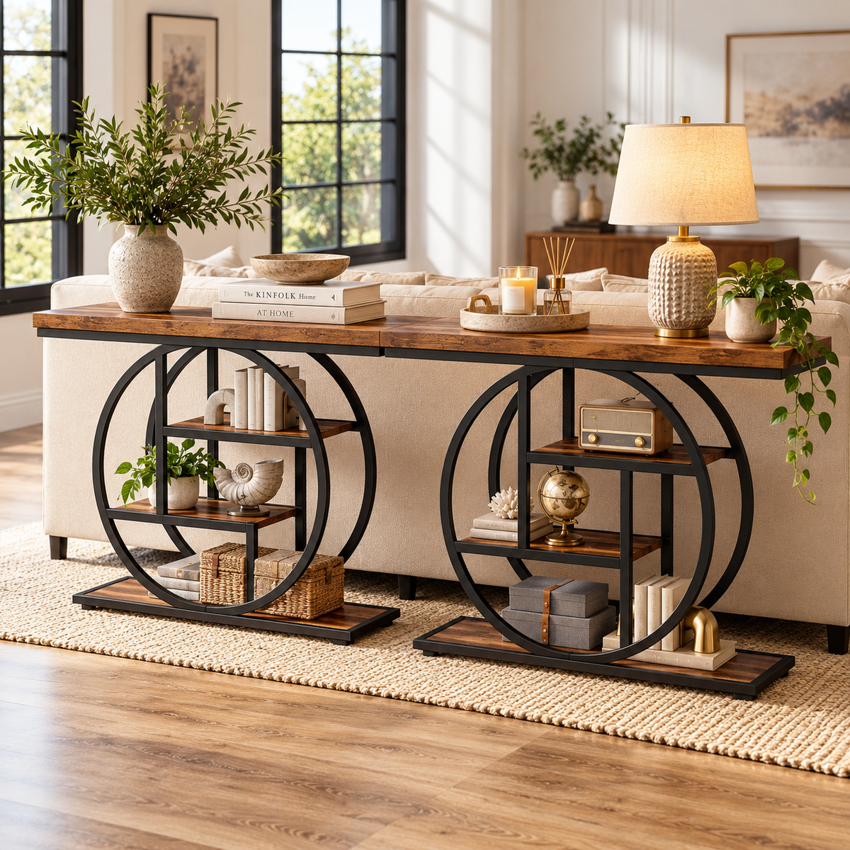 Industrial console table with circular metal frame and rustic wood shelves in a stylish living room