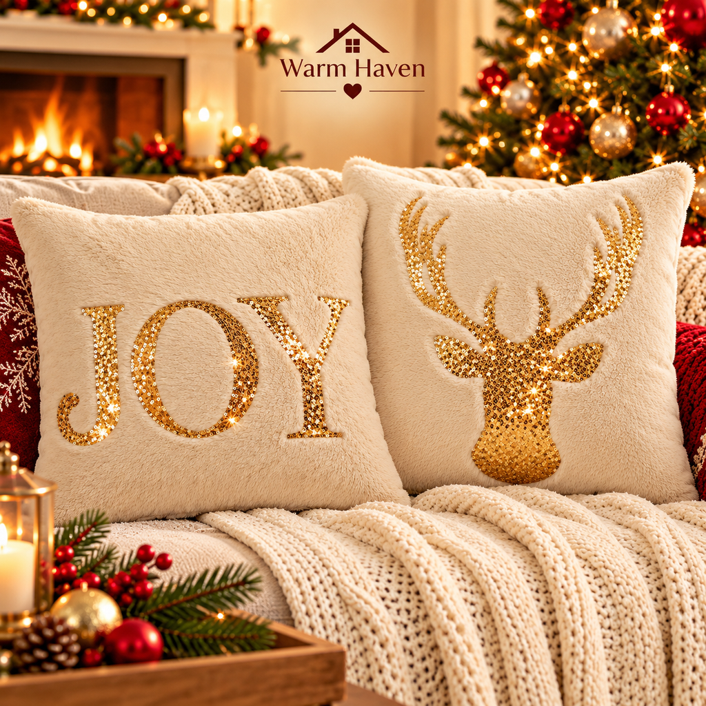 Gold Sequin Christmas Pillow Cover with gold embroidered JOY and reindeer designs on a cozy sofa