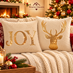 Gold Sequin Christmas Pillow Cover with gold embroidered JOY and reindeer designs on a cozy sofa