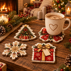 Wooden Christmas coasters displayed beside a mug of hot chocolate and a glowing candle on a cozy holiday table.