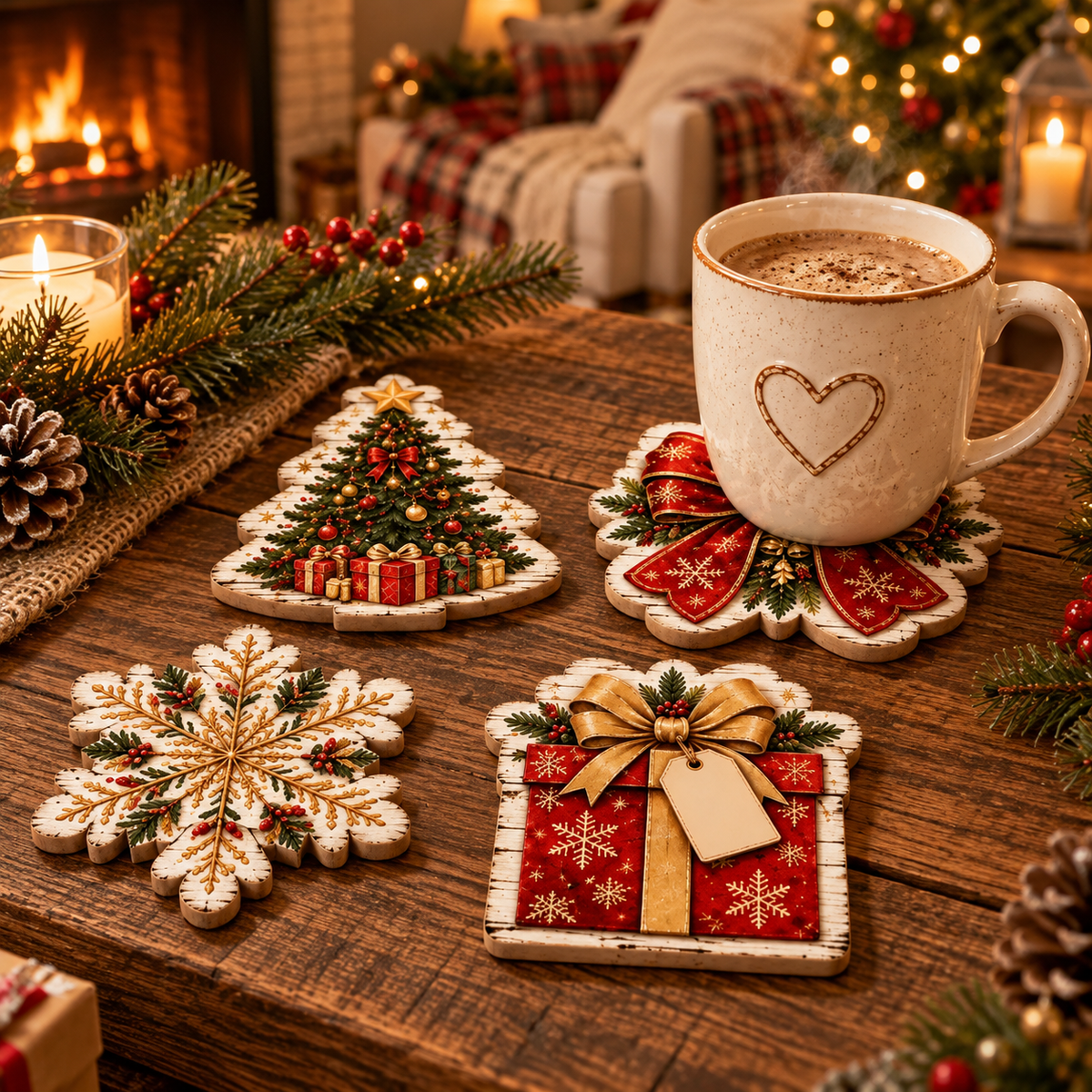 Wooden Christmas coasters displayed beside a mug of hot chocolate and a glowing candle on a cozy holiday table.