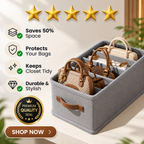 Handbag storage organizer box with dividers keeping handbags upright and separated in a wardrobe