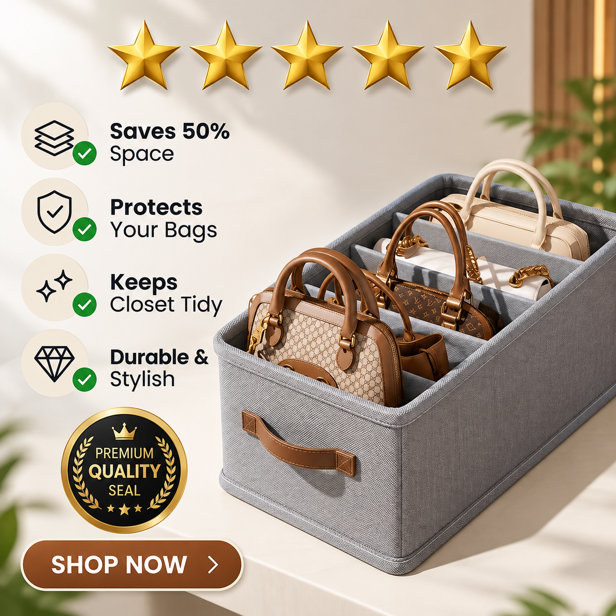 Handbag storage organizer box with dividers keeping handbags upright and separated in a wardrobe