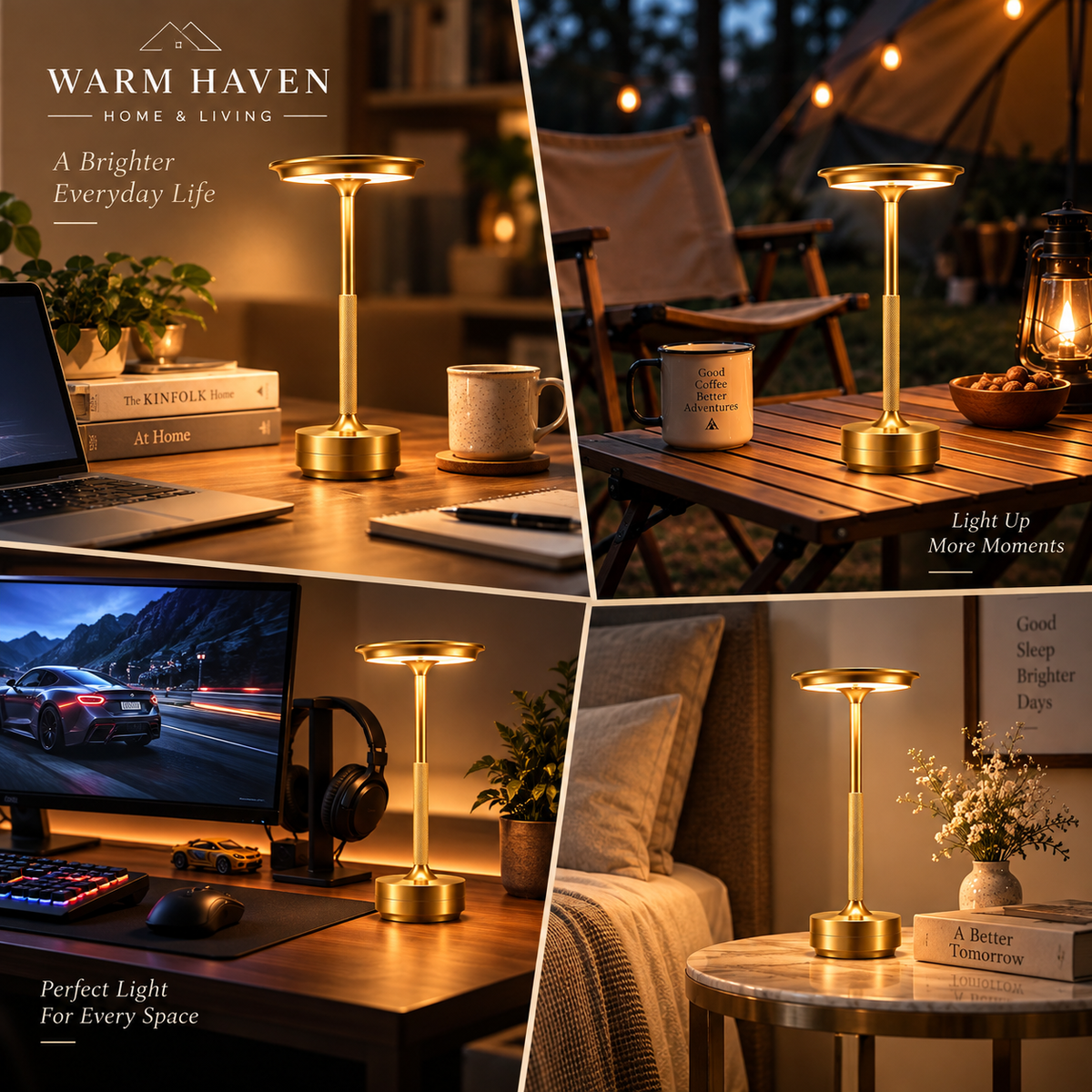 Cordless rechargeable table lamp shown in black with modern touch control and warm ambient lighting