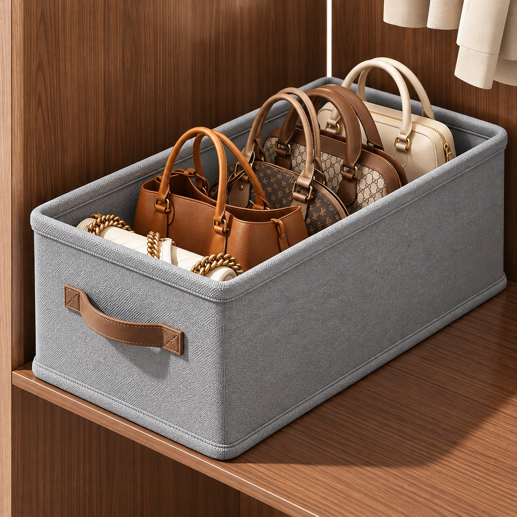 Handbag storage organizer box in gray with handbags organized neatly inside a closet