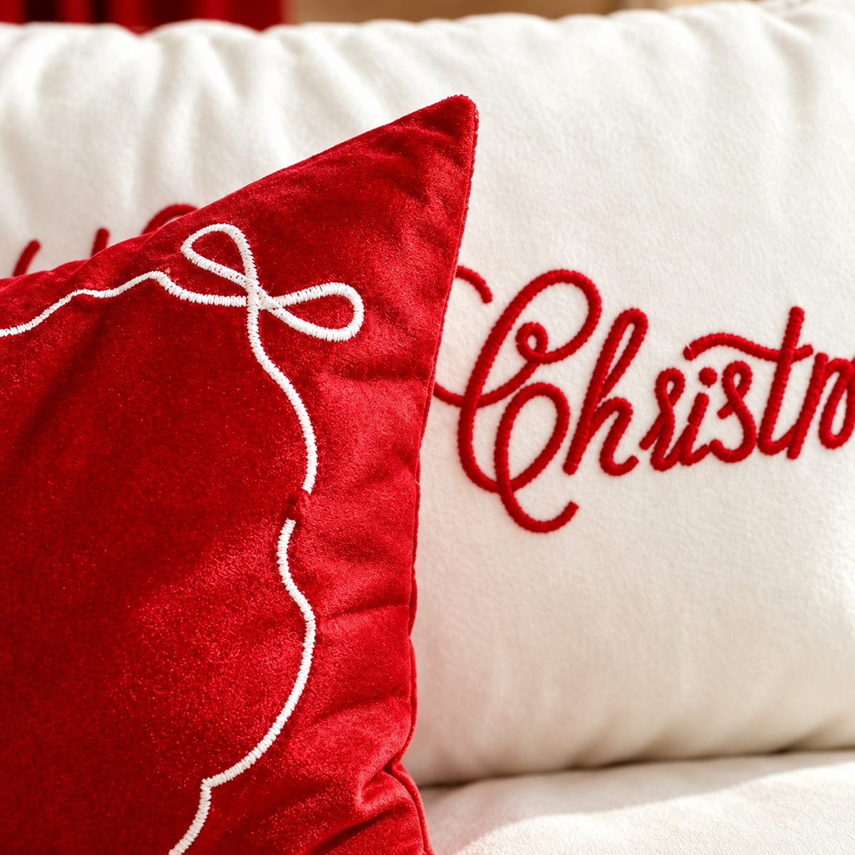 Close-up of red and white embroidered details on a Christmas pillow covers.