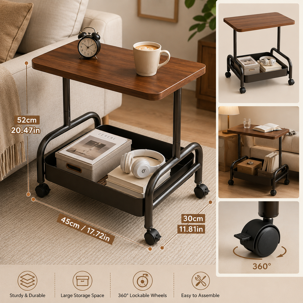 2-Tier Rolling Side Table with Storage – Modern Scandinavian Home Furniture