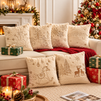 Christmas faux rabbit fur pillow covers in cream with embroidered winter designs displayed on a cosy sofa