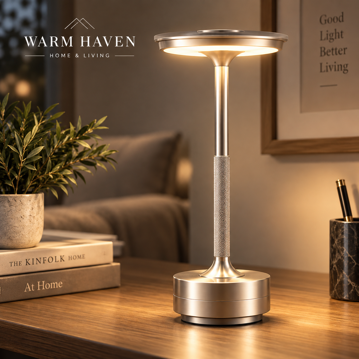 Silver cordless rechargeable table lamp with warm LED light styled in a modern living room