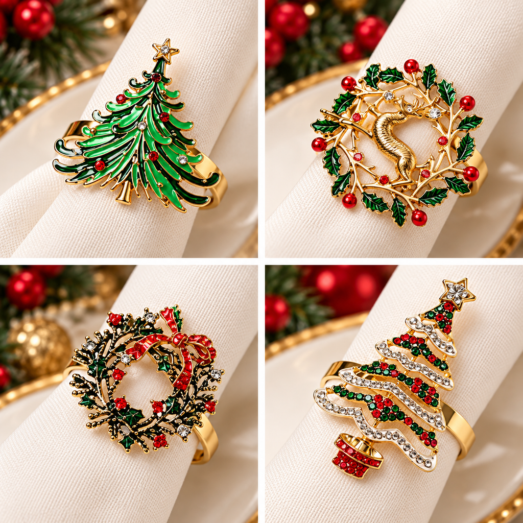 Christmas napkin rings in assorted festive designs featuring Christmas trees and decorative gold details.