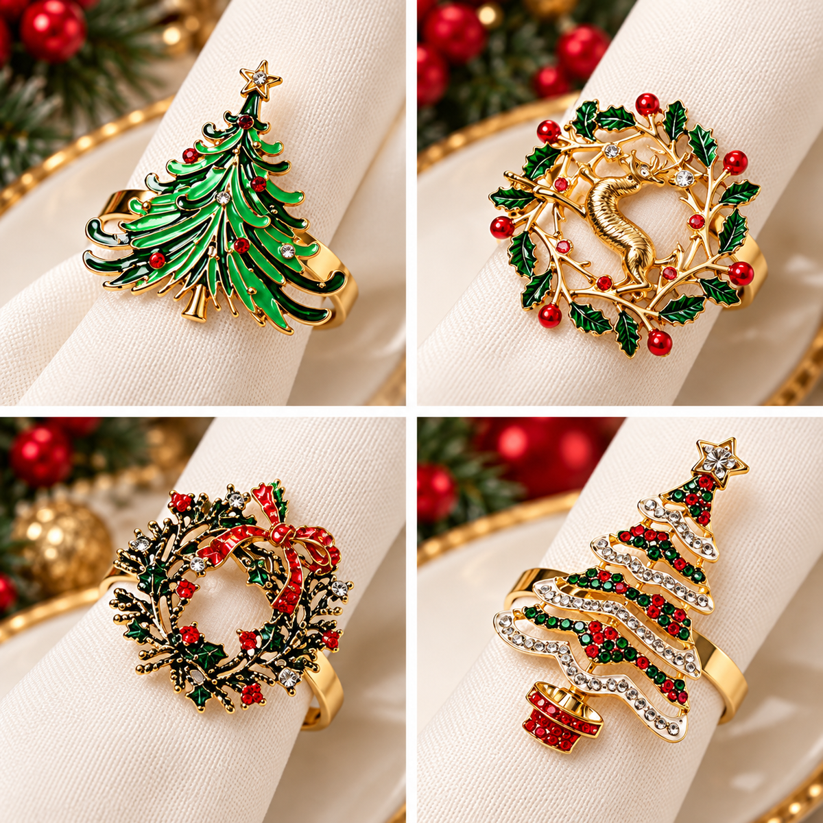 Christmas napkin rings in assorted festive designs featuring Christmas trees and decorative gold details.