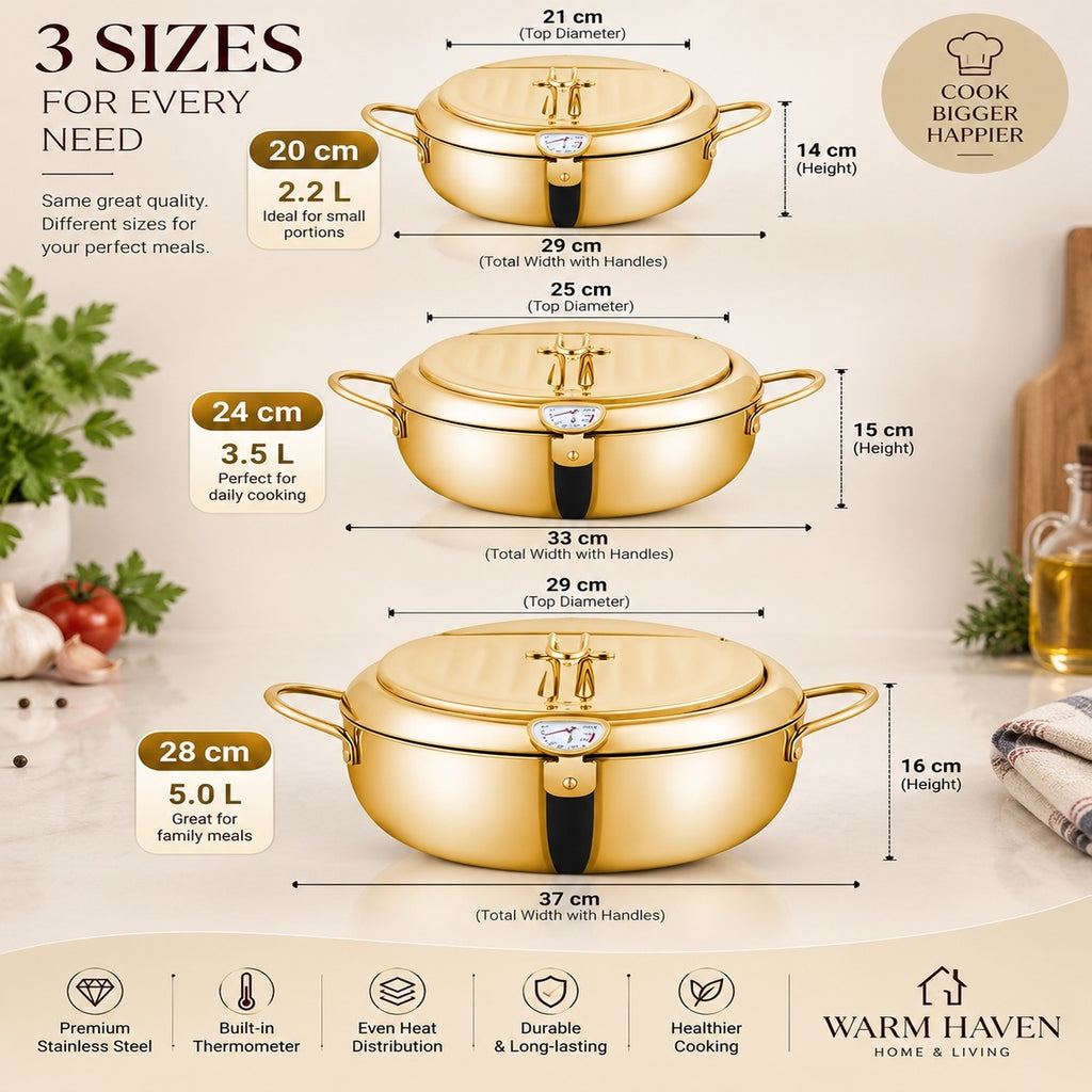 Deep frying pot with thermometer and draining rack available in three sizes
