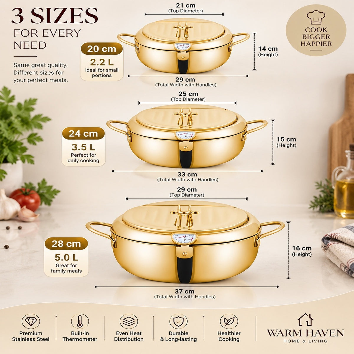 Deep frying pot with thermometer and draining rack available in three sizes