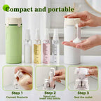Compact portable travel bottle dispenser shown with several small travel-sized bottles, plus three inset steps demonstrating how to connect and use the dispenser to transfer liquid into a can.