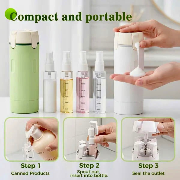 Compact portable travel bottle dispenser shown with several small travel-sized bottles, plus three inset steps demonstrating how to connect and use the dispenser to transfer liquid into a can.