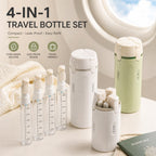 4-in-1 travel bottle set with various components on a surface.