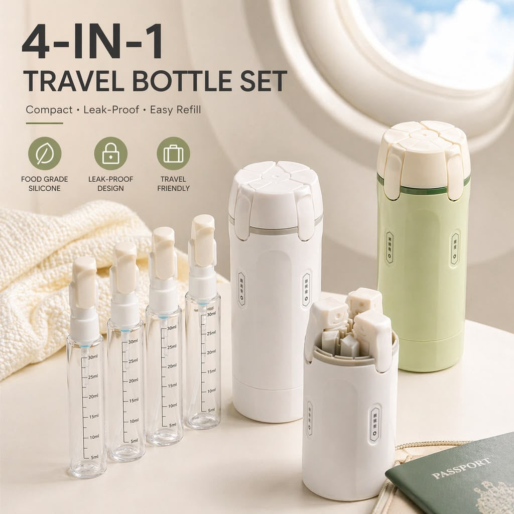 4-in-1 travel bottle set with various components on a surface.