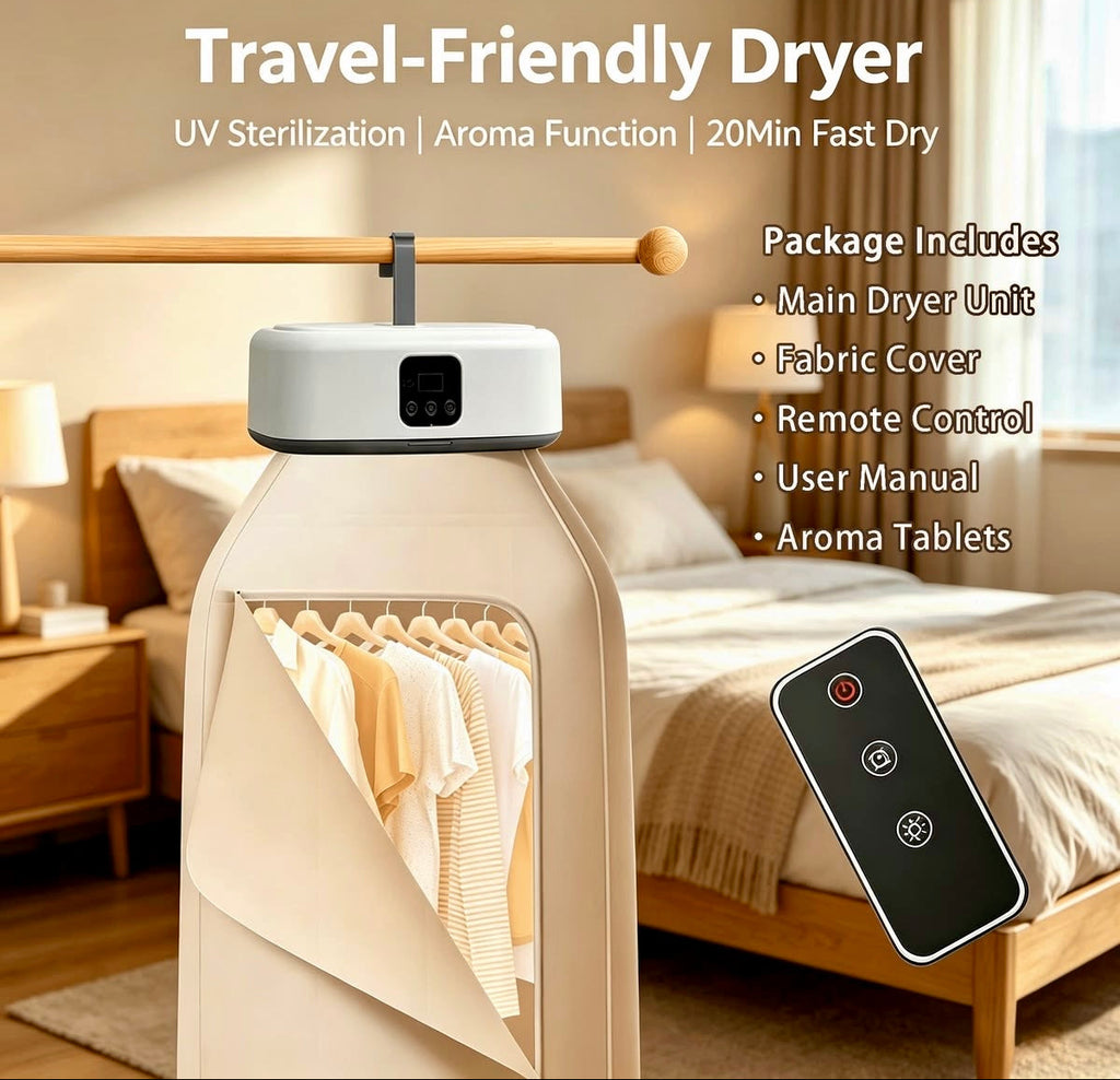 Travel-friendly fabric dryer shown in a bedroom setting, with a white and beige main unit hanging from a wooden rod, clothes visible inside, a remote control, and text listing included accessories.