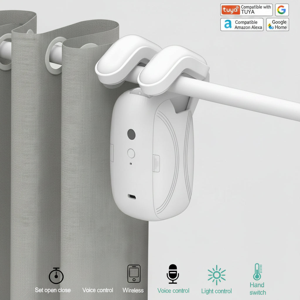 A white smart curtain opener clip mounted on a gray curtain rod next to a gray curtain, with feature icons and compatibility badges for Tuya, Amazon Alexa, and Google Home.