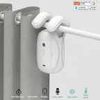 A white smart curtain opener clip mounted on a gray curtain rod next to a gray curtain, with feature icons and compatibility badges for Tuya, Amazon Alexa, and Google Home.