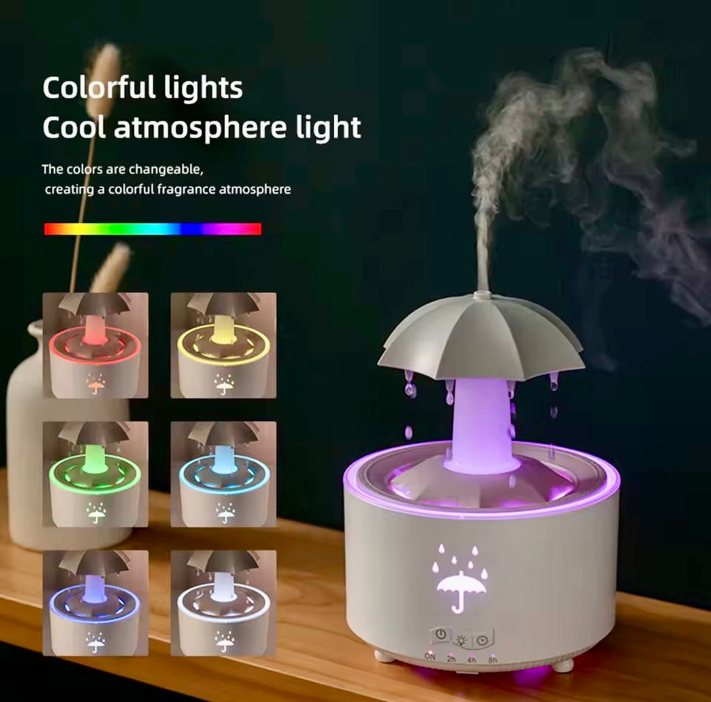 A tabletop humidifier with an umbrella-shaped top and misting function, shown on a wooden surface against a dark background. The main unit glows with purple light, and six smaller inset thumbnails show different color options.