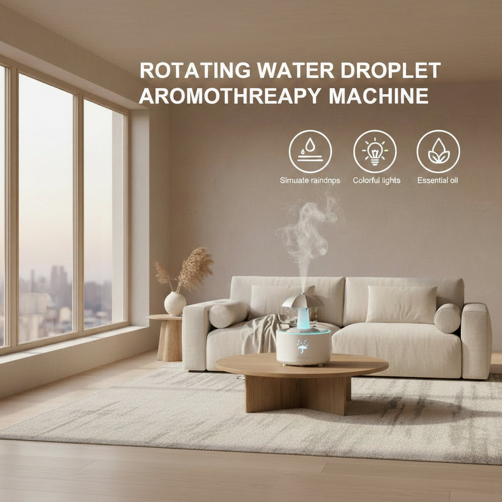 A tabletop aromatherapy water diffuser with a white base, silver umbrella-shaped top, and visible mist rising from the center. Text on the right reads 'ROTATING WATER DROPLET AROMATHERAPY MACHINE' with feature callouts including 'Simulate raindrops,' 'Colorful lights,' and 'Essential oil.