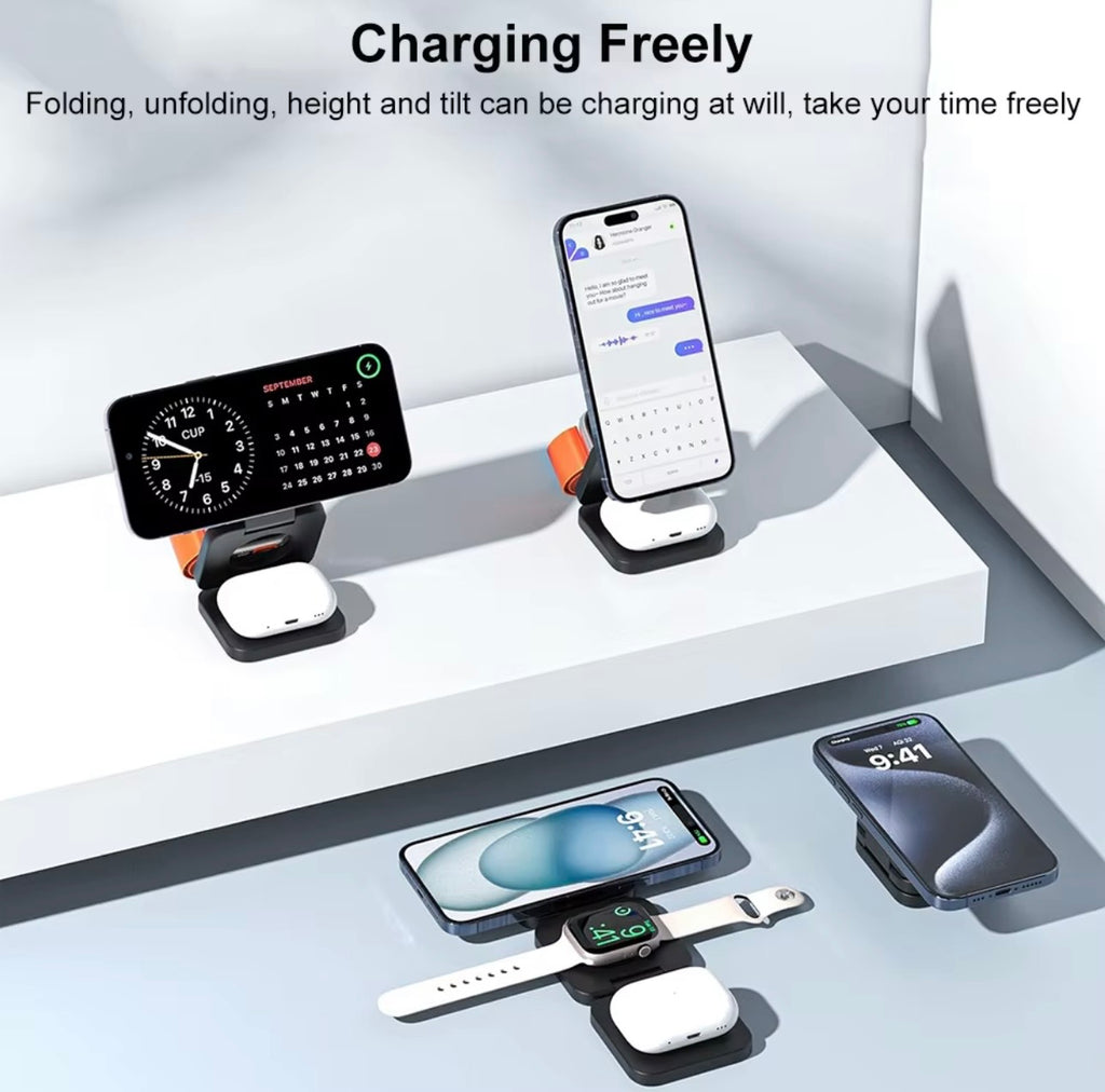 Multi-device charging stand with smartphone, smartwatch, and wireless earbuds on a white surface.